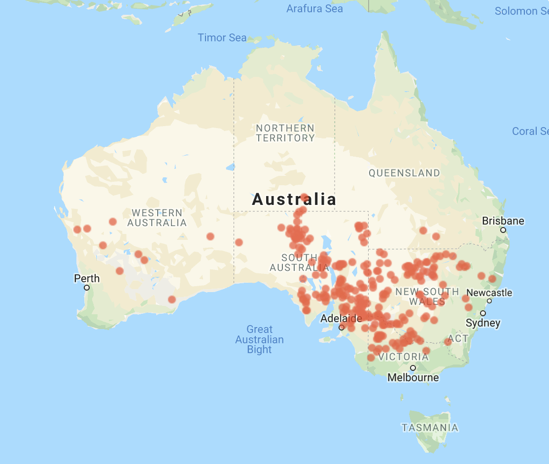 Plagiobothrys plurisepaleus Australasian Virtual Herbarium map